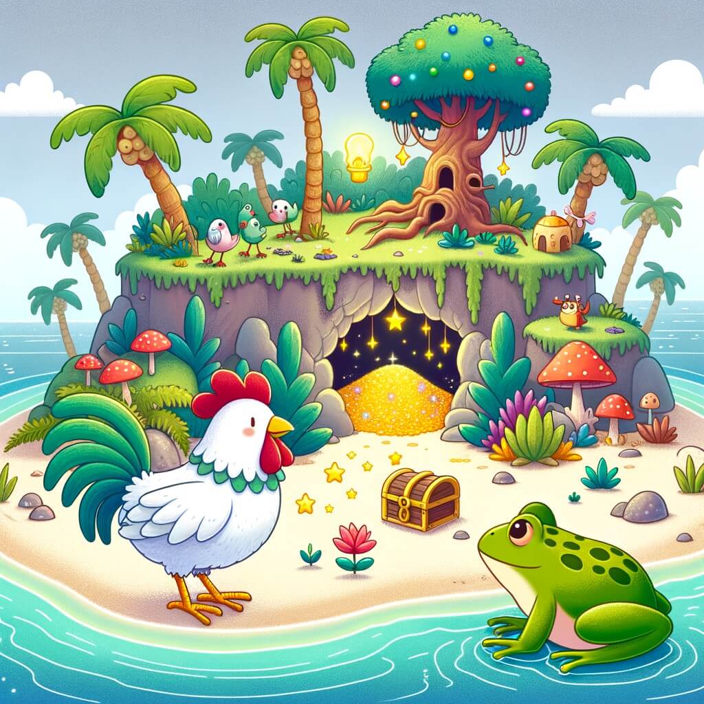 Une illustration destinée aux enfants représentant une poule rêveuse et aventurière, accompagnée d'une grenouille, explorant une île mystérieuse avec des plages de sable blanc, des arbres exotiques et une grotte secrète remplie de trésors étincelants.