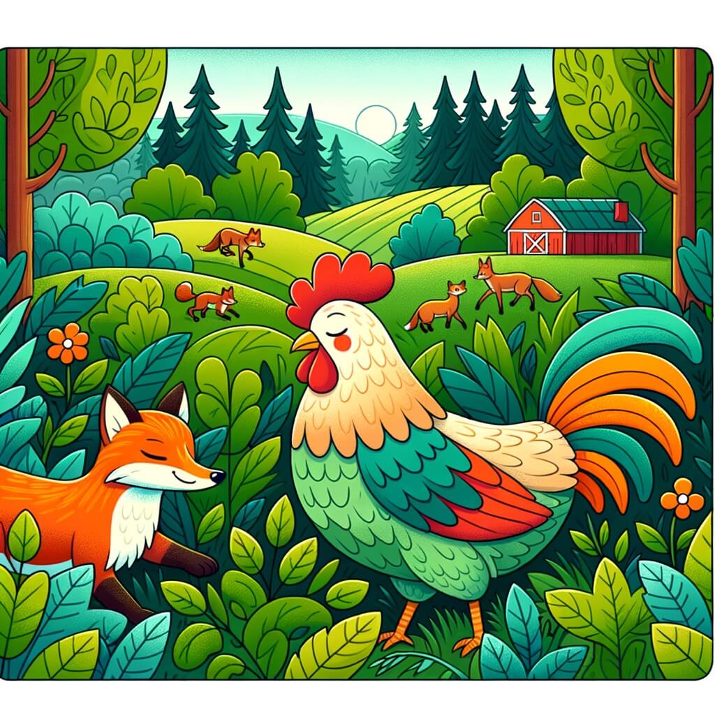 Une illustration destinée aux enfants représentant une poule fière et colorée, perdue dans une forêt dense, accompagnée d'un renard rusé, dans une ferme entourée de champs verdoyants et de collines ondulantes.