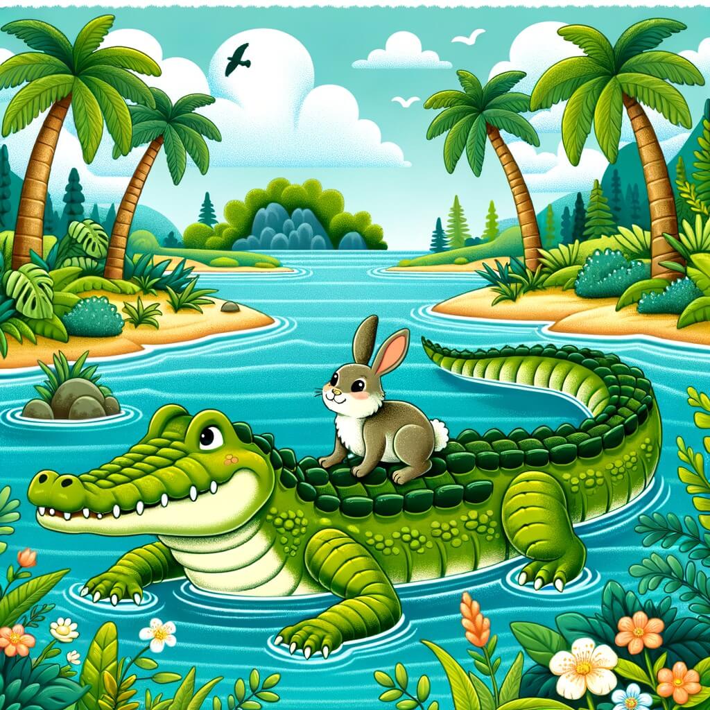 Une illustration destinée aux enfants représentant un majestueux crocodile, résidant dans une rivière luxuriante, invitant un adorable lapin à monter sur son dos pour explorer une île enchantée.