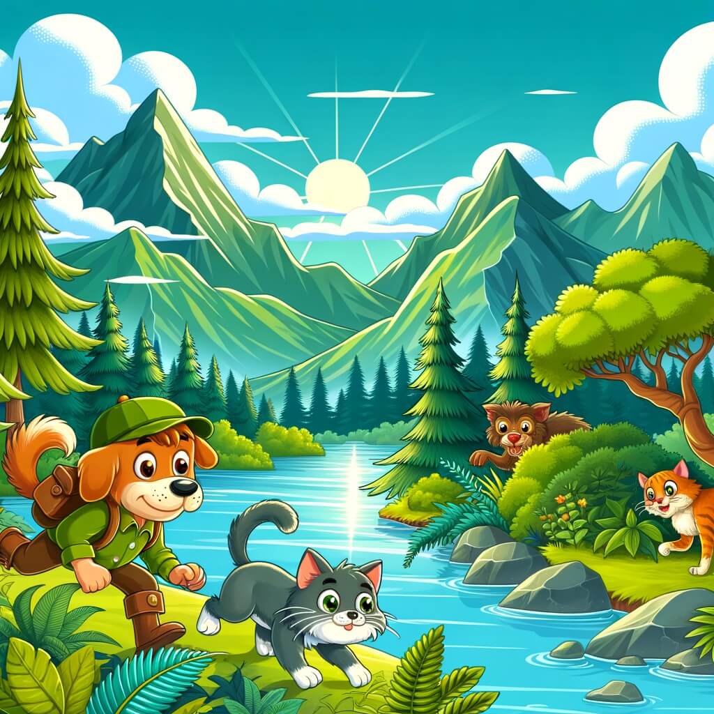 Une illustration destinée aux enfants représentant un chien aventurier, accompagné d'un chat affamé, explorant un paysage luxuriant avec des montagnes verdoyantes, une rivière scintillante et des arbres majestueux, à la recherche de nourriture.