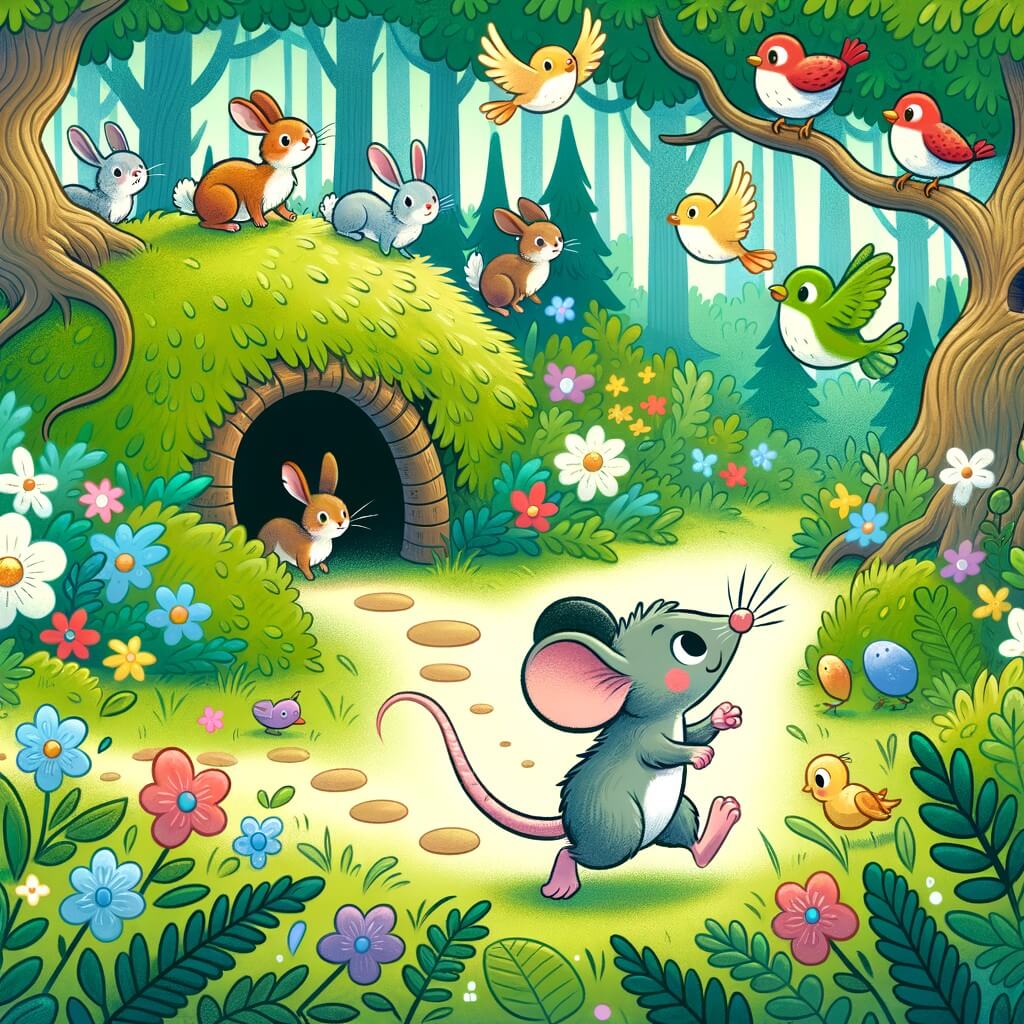 Une illustration pour enfants représentant une petite souris curieuse qui explore le monde au-delà de son trou sous le sol de la prairie, et rencontre des animaux fascinants et dangereux dans une grande forêt.