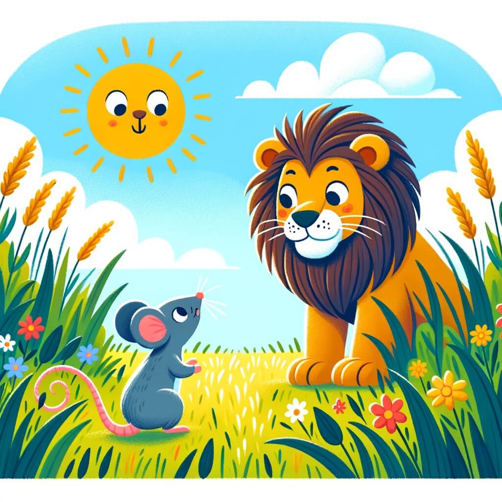Une illustration destinée aux enfants représentant une petite souris aventurière qui se retrouve face à un lion affamé dans un champ ensoleillé entouré d'herbes hautes et de fleurs colorées.