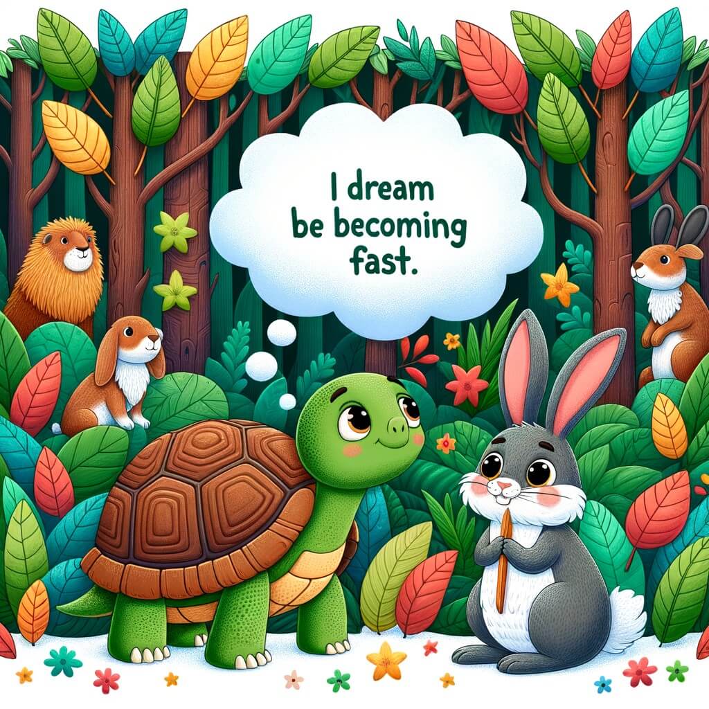 Une illustration destinée aux enfants représentant une adorable tortue qui rêve de devenir rapide, accompagnée d'un sage lièvre, dans une forêt dense et luxuriante remplie de feuilles colorées et d'animaux curieux.