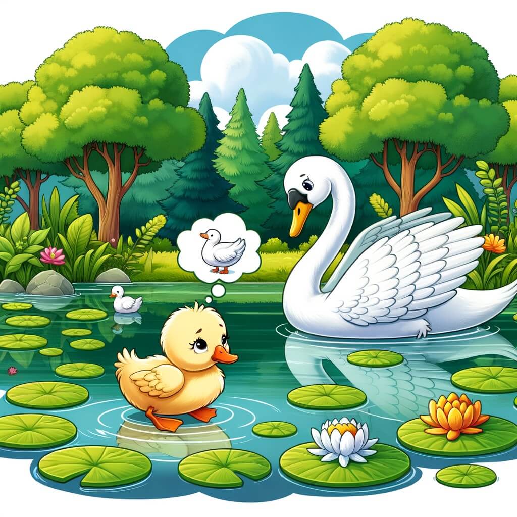 Une illustration destinée aux enfants représentant un petit canard maladroit qui rêve de voler, accompagné d'un majestueux cygne blanc, dans un étang paisible entouré de nénuphars colorés et d'une forêt dense remplie d'arbres verdoyants.