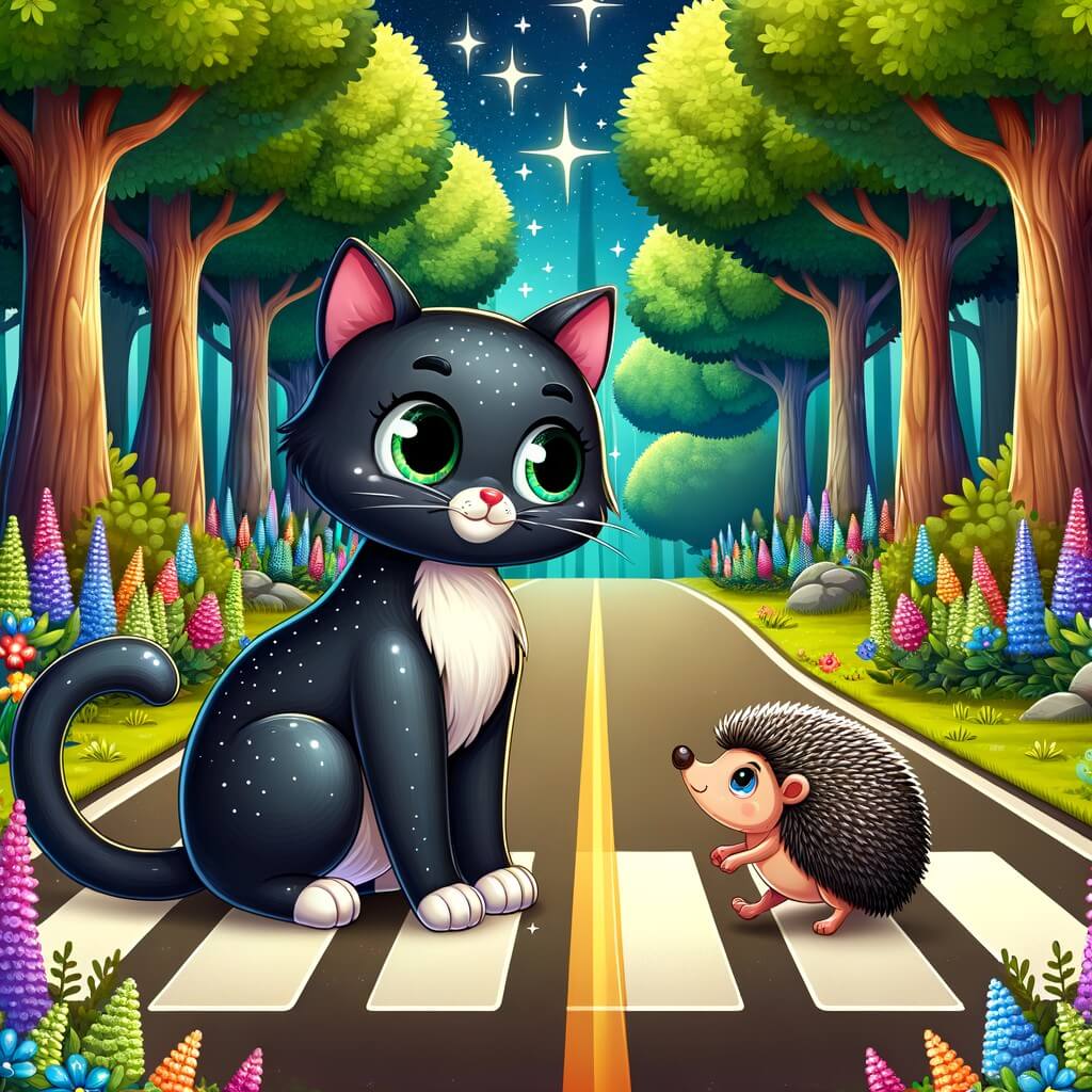 Une illustration destinée aux enfants représentant un chat noir, au pelage brillant et aux yeux malicieux, qui aide un petit hérisson à traverser une route bordée d'arbres majestueux et de fleurs colorées, dans une forêt enchantée.