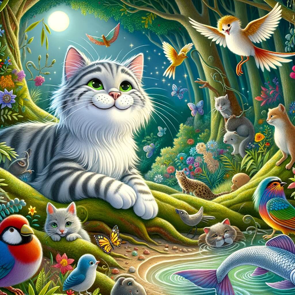 Une illustration destinée aux enfants représentant un charmant chat malicieux, se trouvant dans une forêt enchantée, aux côtés de différents animaux, tels qu'un oiseau coloré et un poisson argenté, tous réunis pour aider les créatures en détresse.