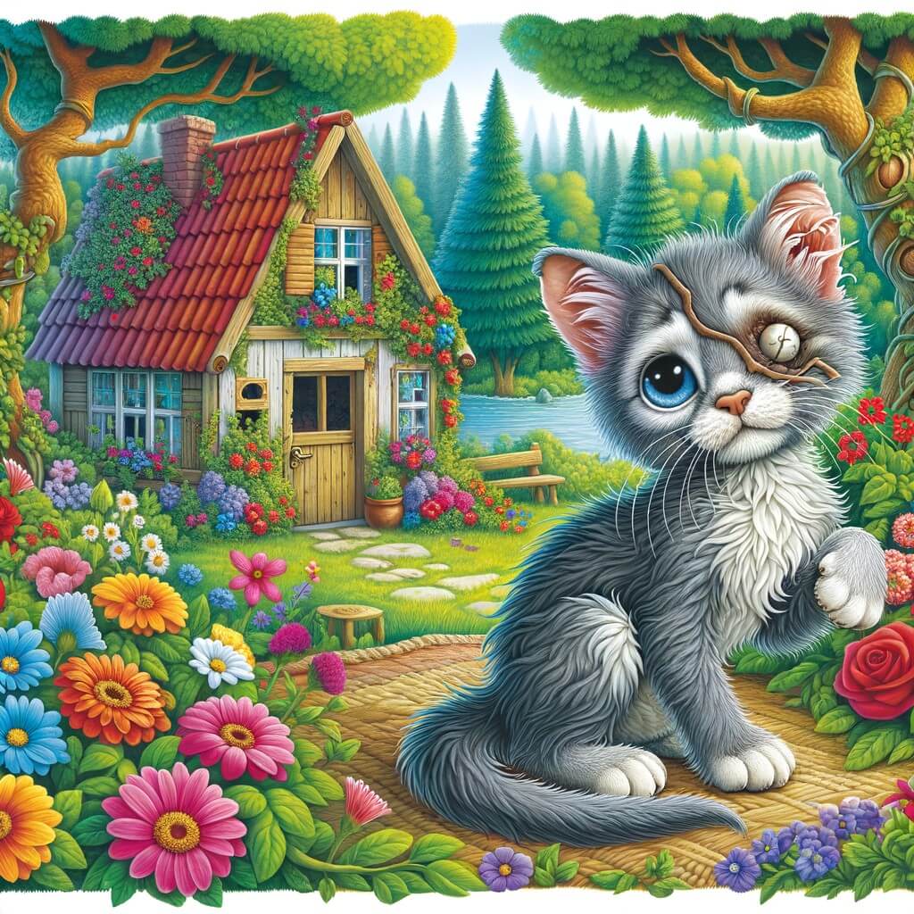 Une illustration destinée aux enfants représentant un adorable chaton gris, avec un œil en moins et une patte tordue, qui vit dans une petite maisonnette au bord de la forêt, entourée de fleurs colorées et d'arbres majestueux.