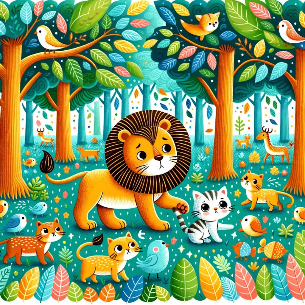 Une illustration destinée aux enfants représentant un petit chaton perdu, accompagné d'un lion majestueux, dans une forêt luxuriante remplie d'arbres aux feuilles chatoyantes et d'animaux curieux, cherchant désespérément sa maman.