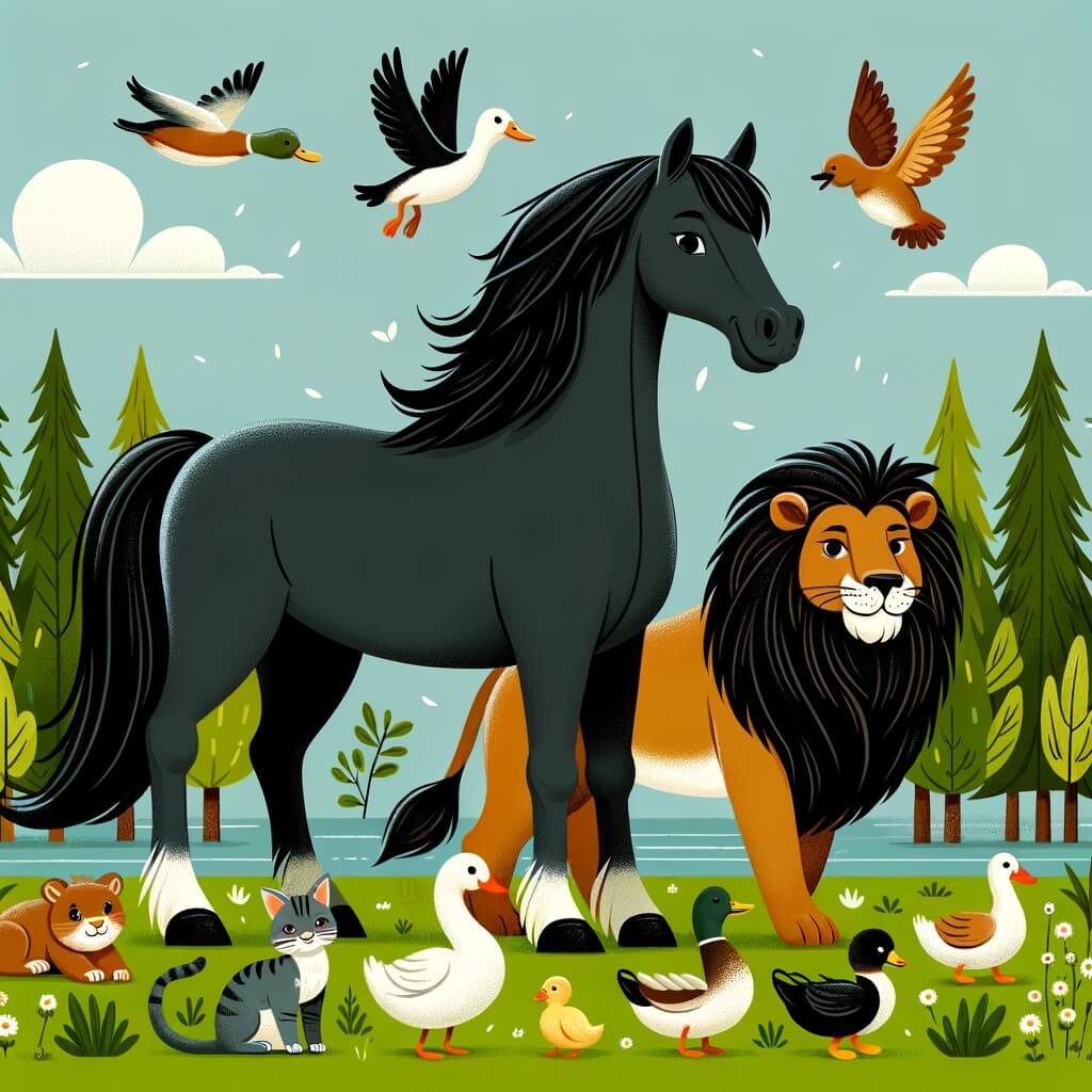 Une illustration destinée aux enfants représentant un majestueux cheval noir, courageux et intrépide, se trouvant dans une prairie verdoyante, accompagné de différents animaux de la forêt, tels qu'un petit chaton, une famille de canards et un lion imposant.