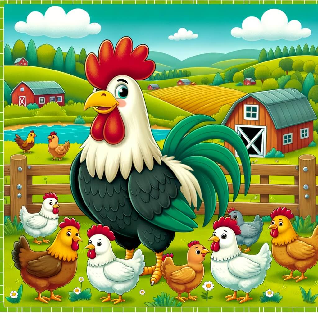 Une illustration destinée aux enfants représentant un fier coq dans une ferme isolée, protégeant ses poules des prédateurs, avec en arrière-plan un paysage champêtre verdoyant et paisible.