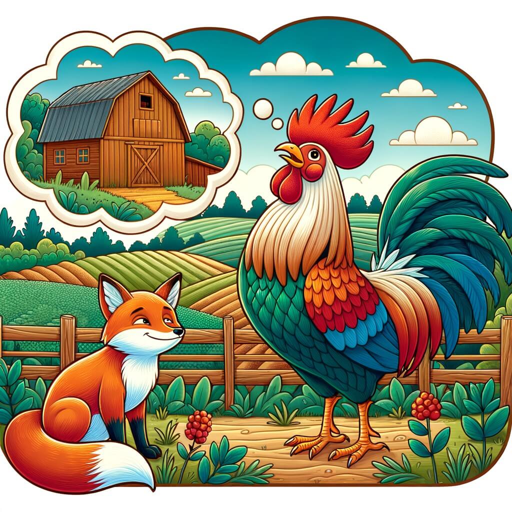 Une illustration destinée aux enfants représentant un fier coq aux plumes éclatantes, rêvant de grandeur, accompagné d'un renard rusé, dans une ferme de campagne entourée de champs verdoyants et d'une grange en bois.
