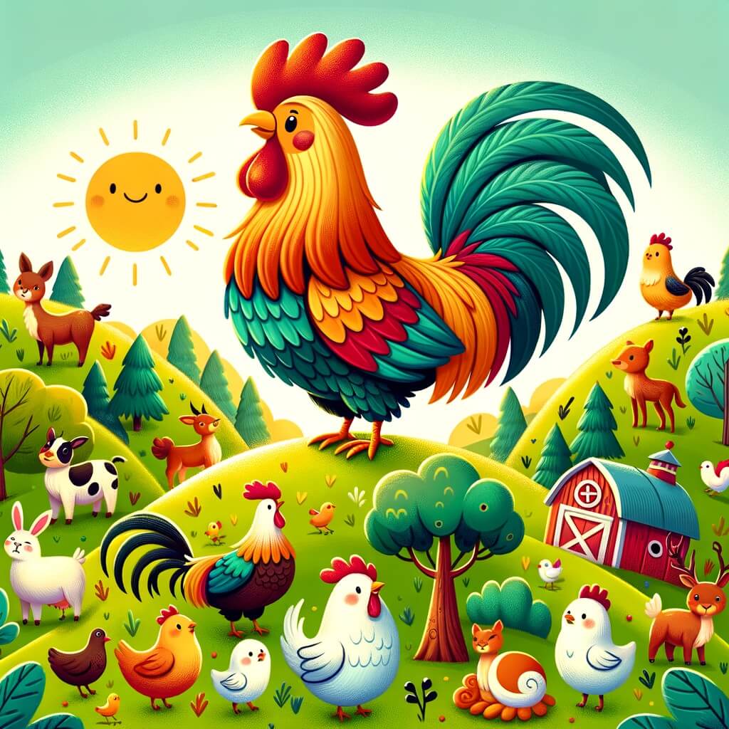 Une illustration destinée aux enfants représentant un fier coq au plumage flamboyant, se tenant au sommet d'une colline verdoyante, entouré d'animaux de la ferme, dans un cadre chaleureux et coloré.