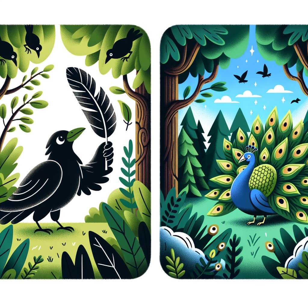 Une illustration destinée aux enfants représentant un corbeau avec une plume brillante, se sentant différent des autres corbeaux, se rendant dans une forêt verdoyante où il rencontre un majestueux paon.