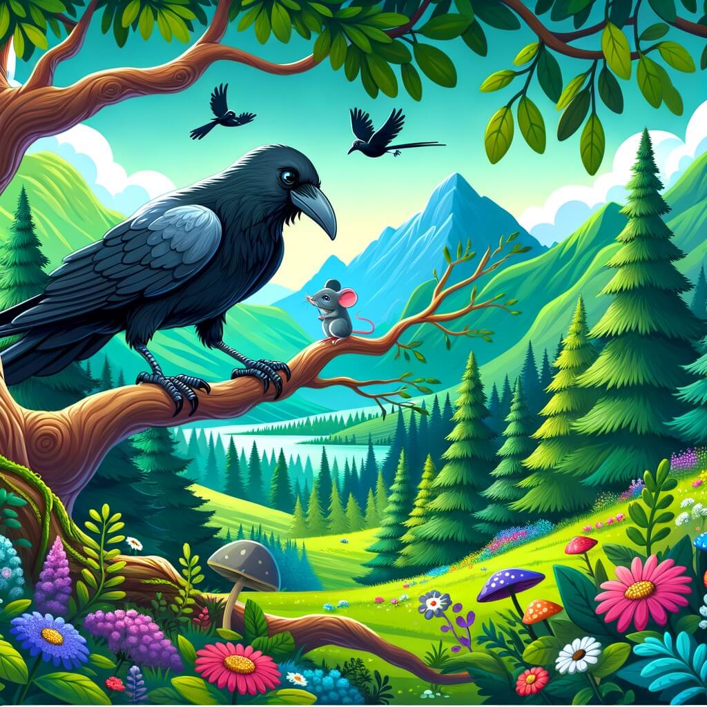 Une illustration destinée aux enfants représentant un corbeau solitaire, perché sur une branche d'arbre, rencontrant une petite souris en pleurs dans une forêt enchantée, entourée de hautes montagnes verdoyantes et de fleurs multicolores.