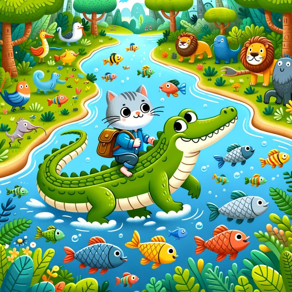 Une illustration destinée aux enfants représentant un crocodile aventurier, accompagné d'un poisson-chat, explorant une rivière luxuriante peuplée d'animaux joyeux et colorés.