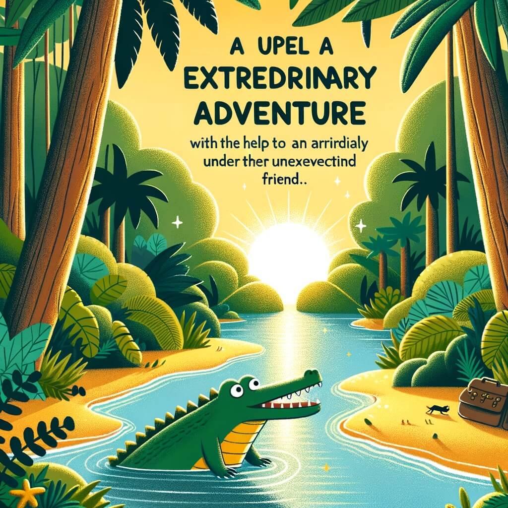 Une illustration destinée aux enfants représentant un crocodile pas comme les autres, vivant une aventure extraordinaire avec l'aide d'un ami inattendu, dans une luxuriante forêt tropicale où la rivière scintille sous les rayons dorés du soleil.