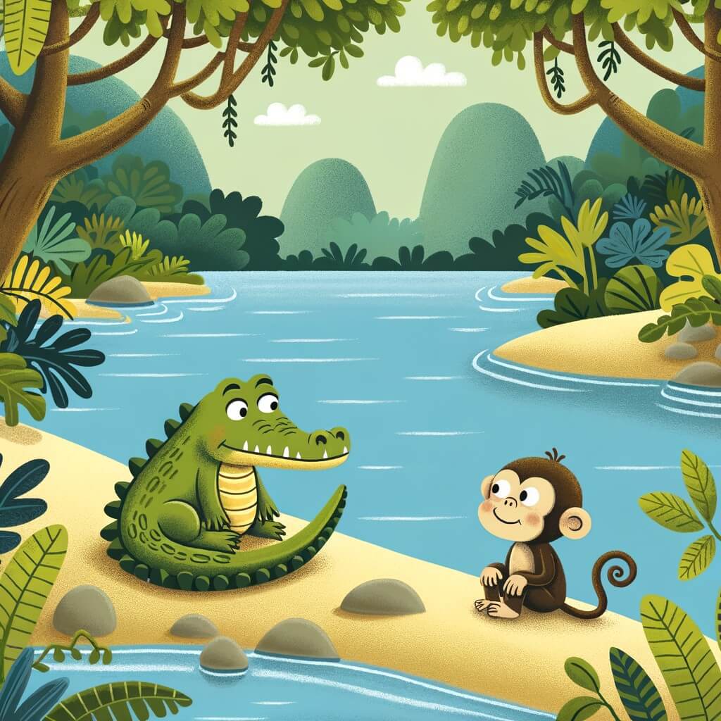 Une illustration destinée aux enfants représentant un crocodile solitaire, assis tristement sur la rive d'une rivière luxuriante de la jungle, jusqu'à ce qu'un petit singe curieux apparaisse à ses côtés, prêt à devenir son ami.