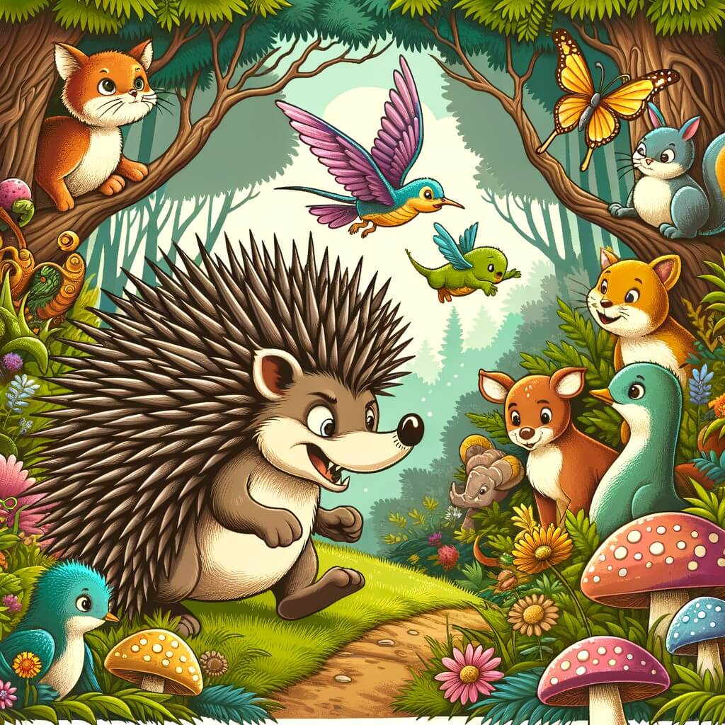 Une illustration destinée aux enfants représentant un courageux hérisson aux épines piquantes, se retrouvant face à un grand danger dans une forêt enchantée peuplée d'animaux curieux et colorés.