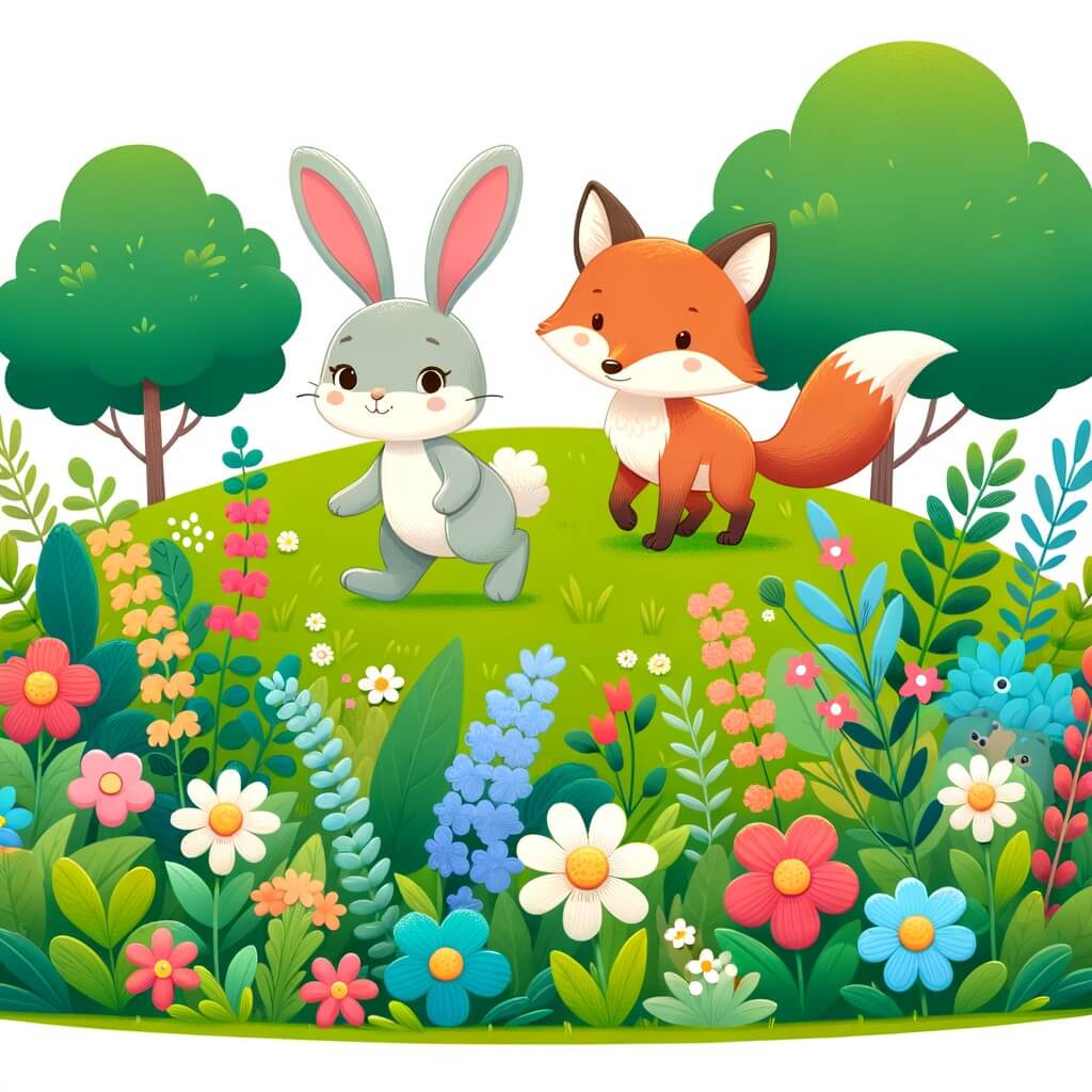 Une illustration destinée aux enfants représentant un adorable lapin aventurier, accompagné d'un renard rusé, explorant une prairie luxuriante remplie de fleurs multicolores.