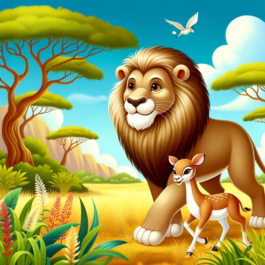 Une illustration destinée aux enfants représentant un lion majestueux et puissant, accompagné d'une petite gazelle, dans une savane africaine luxuriante avec des arbres géants, des herbes hautes et un ciel bleu éclatant.