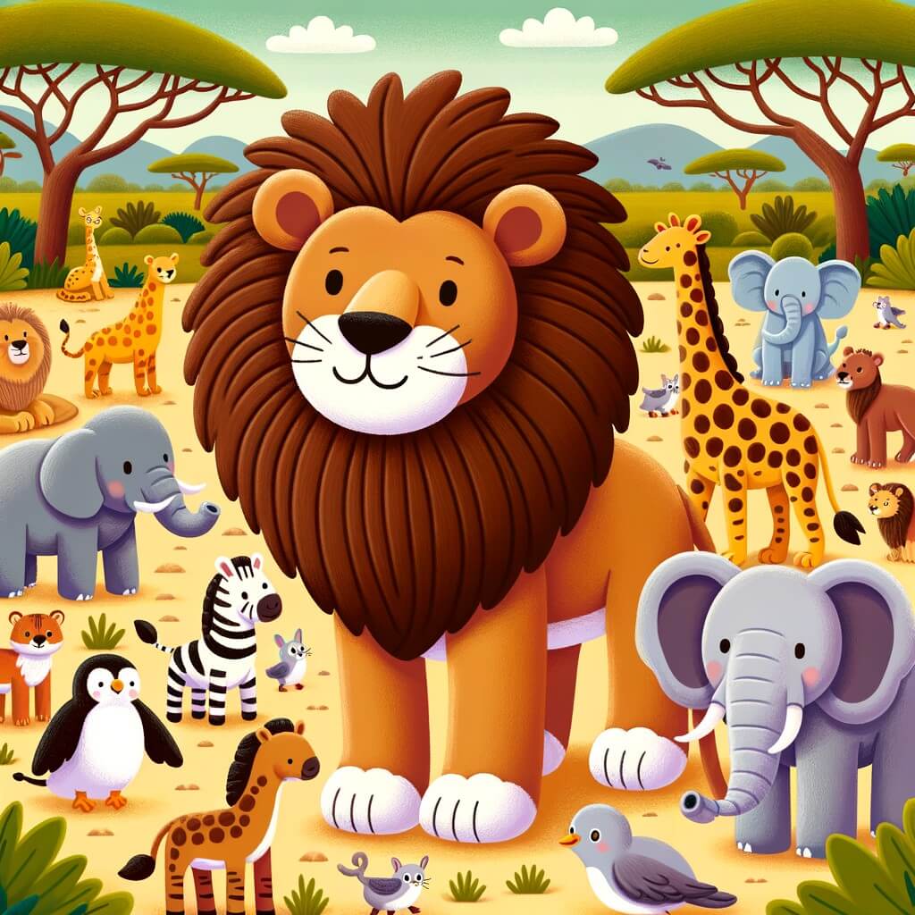 Une illustration destinée aux enfants représentant un lion majestueux, entouré de ses amis animaux, dans la savane africaine, où ils vivent en harmonie.
