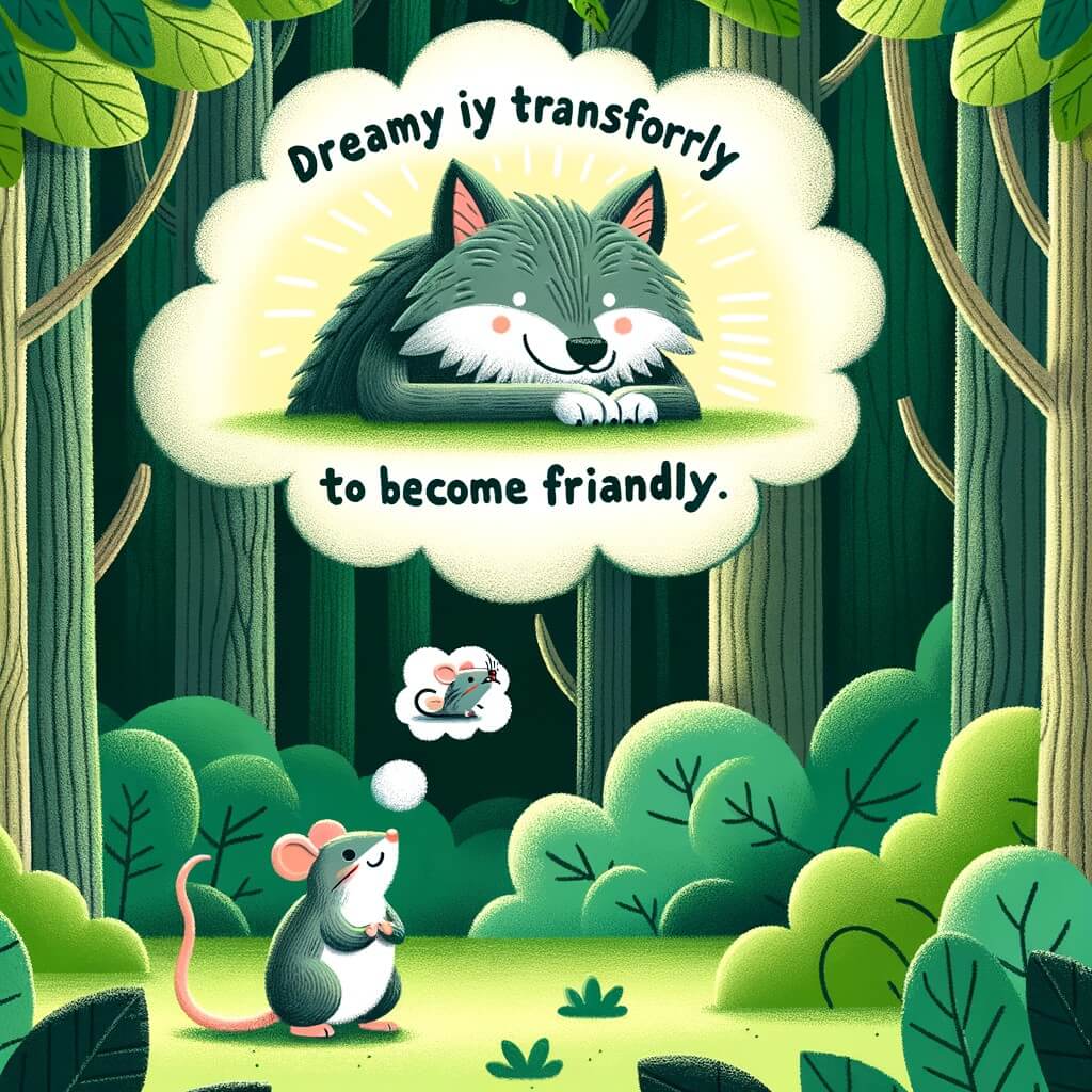 Une illustration pour enfants représentant un loup solitaire qui rêve de changer son comportement et devenir amical avec les autres animaux de la forêt dense où il vit.