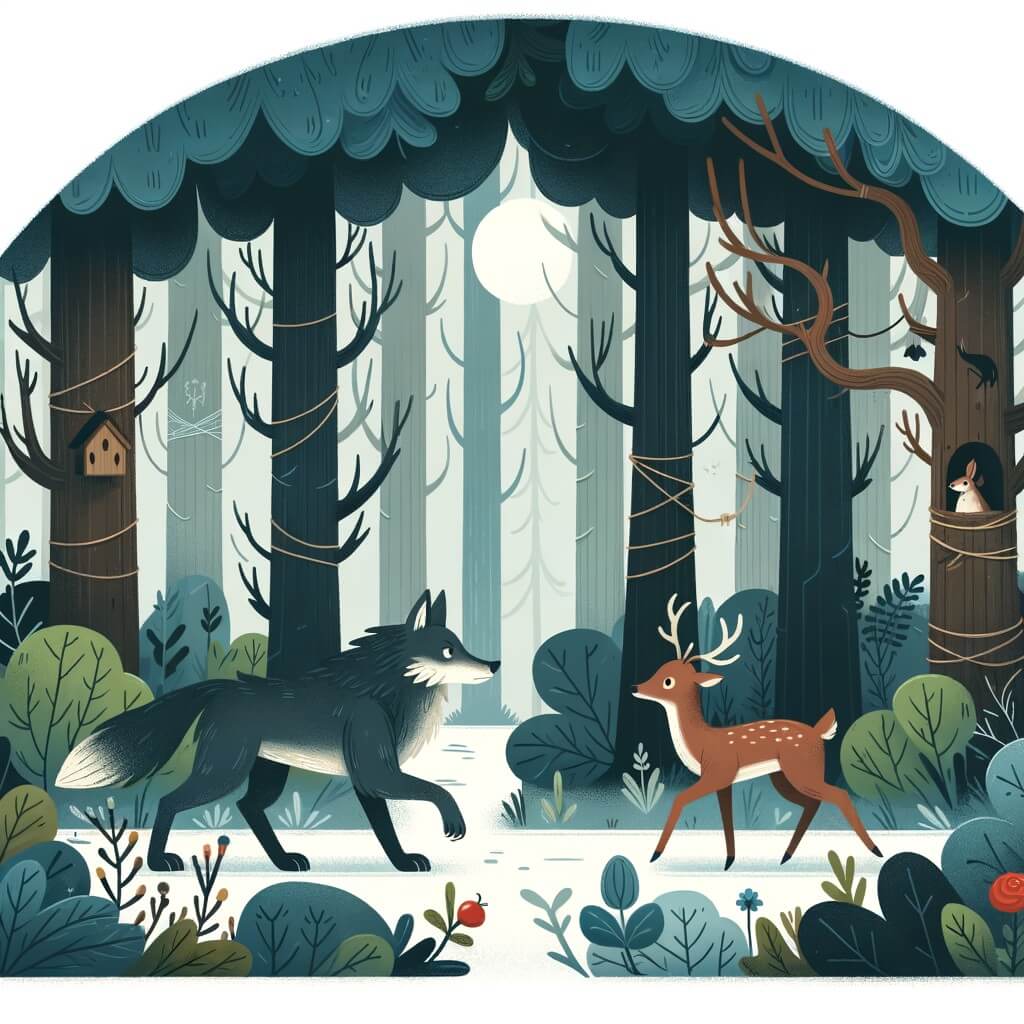 Une illustration destinée aux enfants représentant un loup solitaire au pelage sombre, se retrouvant dans une forêt dense et mystérieuse, où il fera la rencontre d'une biche emprisonnée, changeant ainsi le cours de sa vie.