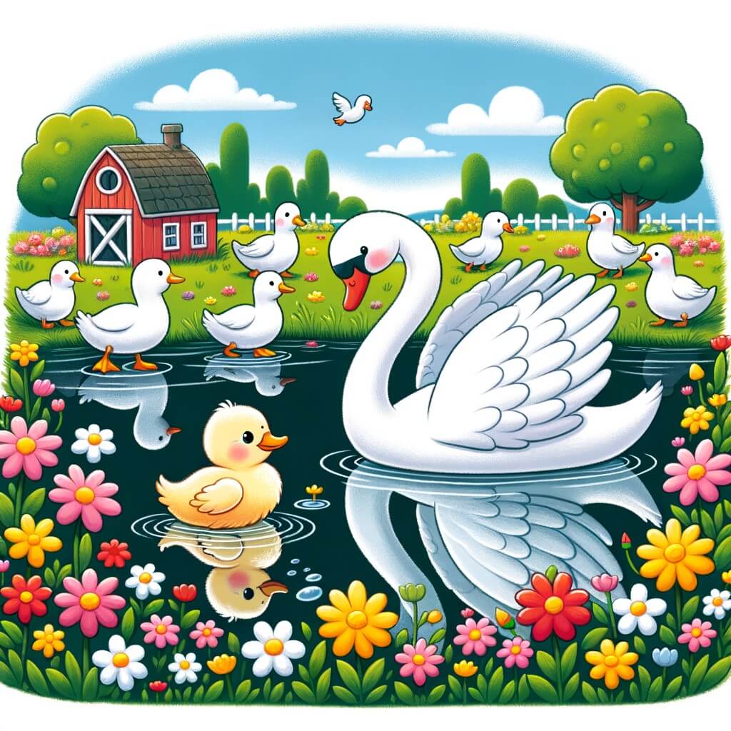 Une illustration destinée aux enfants représentant un petit canard différent des autres, rejeté par les canards de la ferme, qui rencontre un majestueux cygne blanc dans un magnifique étang entouré de fleurs colorées.