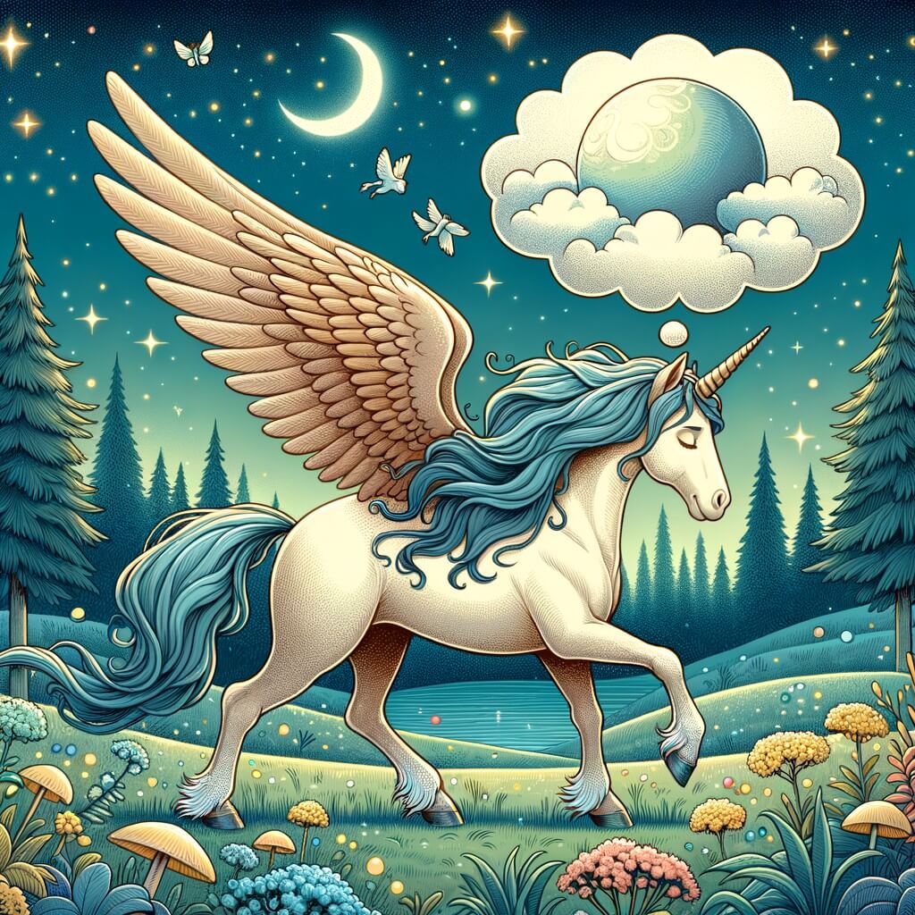 Une illustration pour enfants représentant un magnifique cheval ailé, rêvant d'aventure et d'amitié, dans une prairie enchantée.