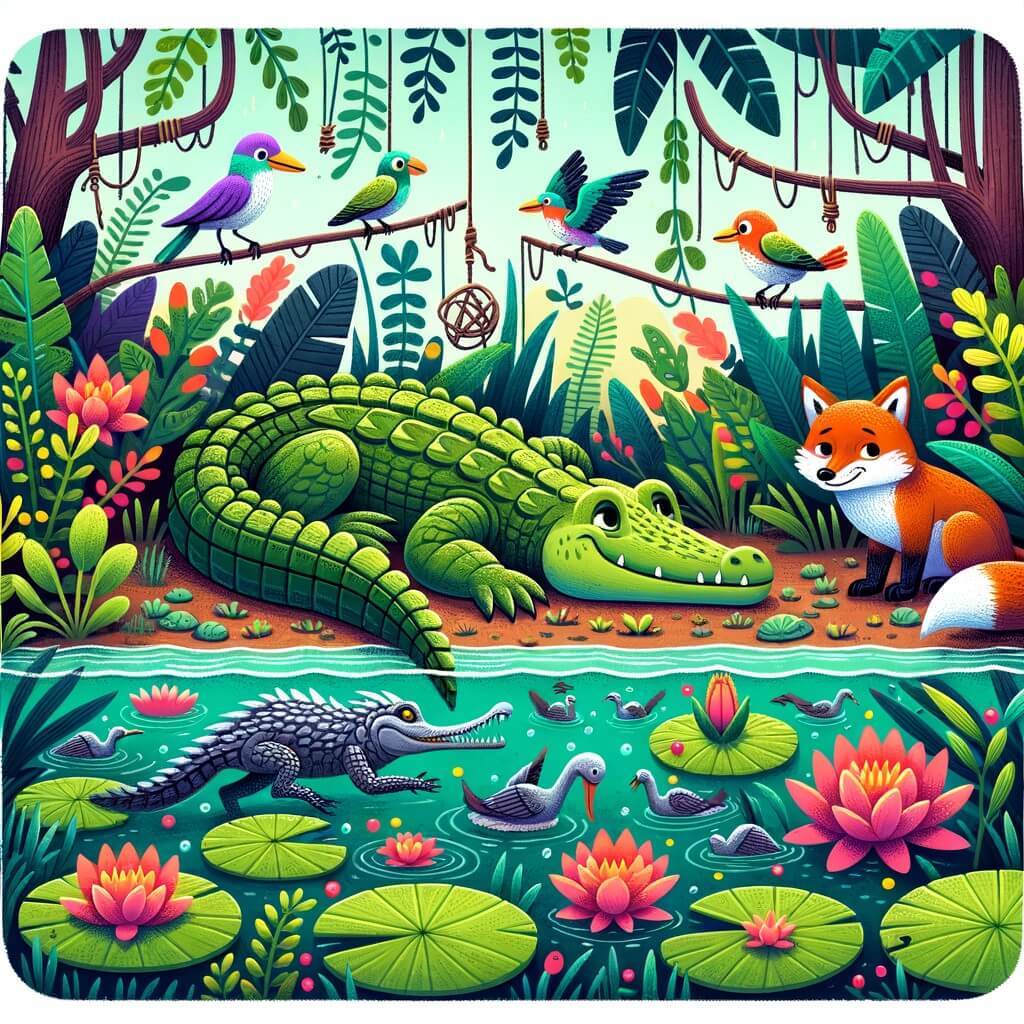 Une illustration pour enfants représentant un petit crocodile timide et différent de ses frères et sœurs, vivant dans un grand marécage, qui apprend à survivre dans la nature grâce à l'aide d'un vieux crocodile sage.