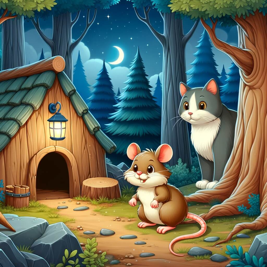 Une illustration destinée aux enfants représentant un petit rongeur rusé, vivant dans une forêt enchantée, faisant face à un chat bienveillant, dans un abri douillet construit par le rat.