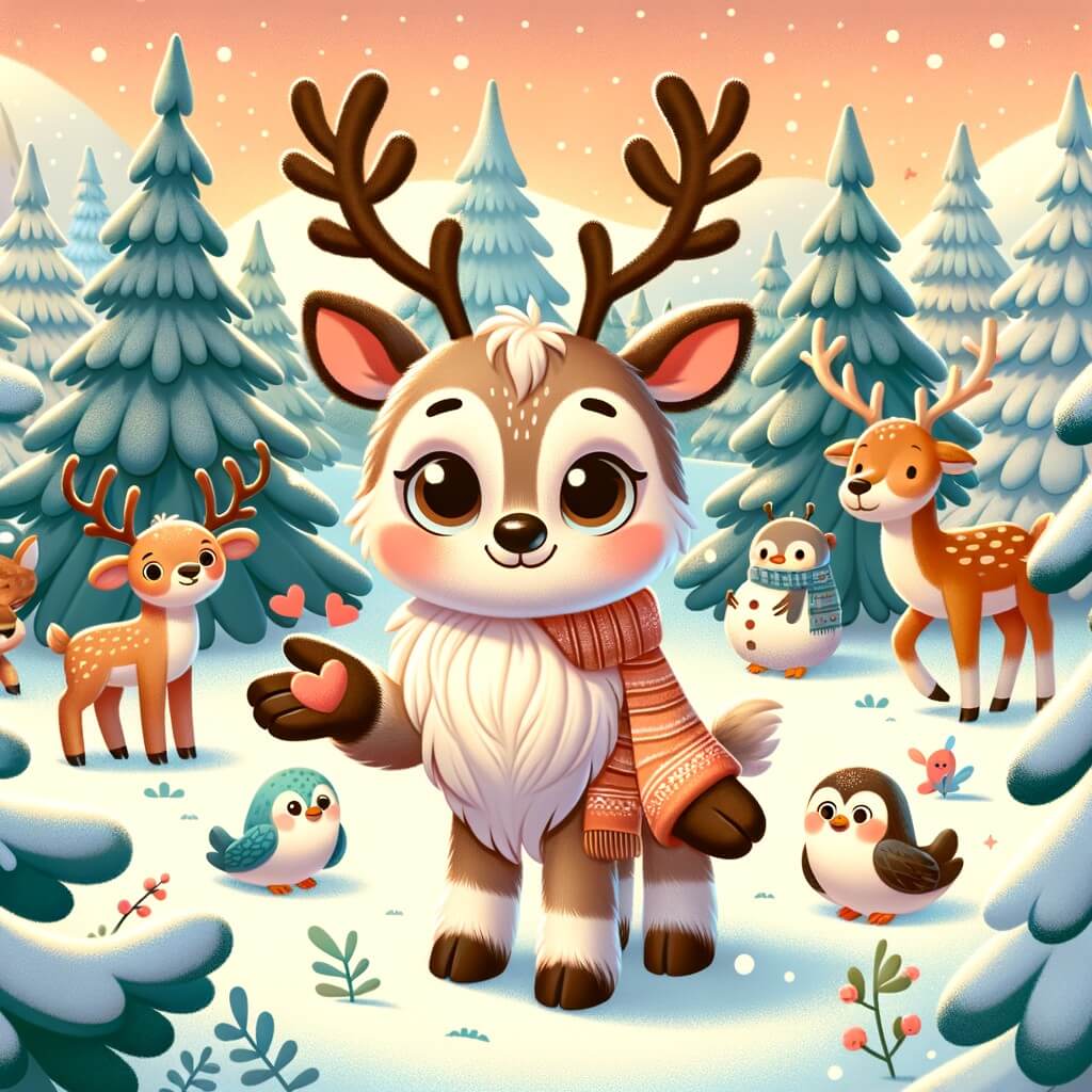 Une illustration destinée aux enfants représentant un renne au pelage doux et aux yeux brillants, vivant dans une forêt enneigée, faisant preuve de gentillesse envers les autres animaux qui l'entourent.
