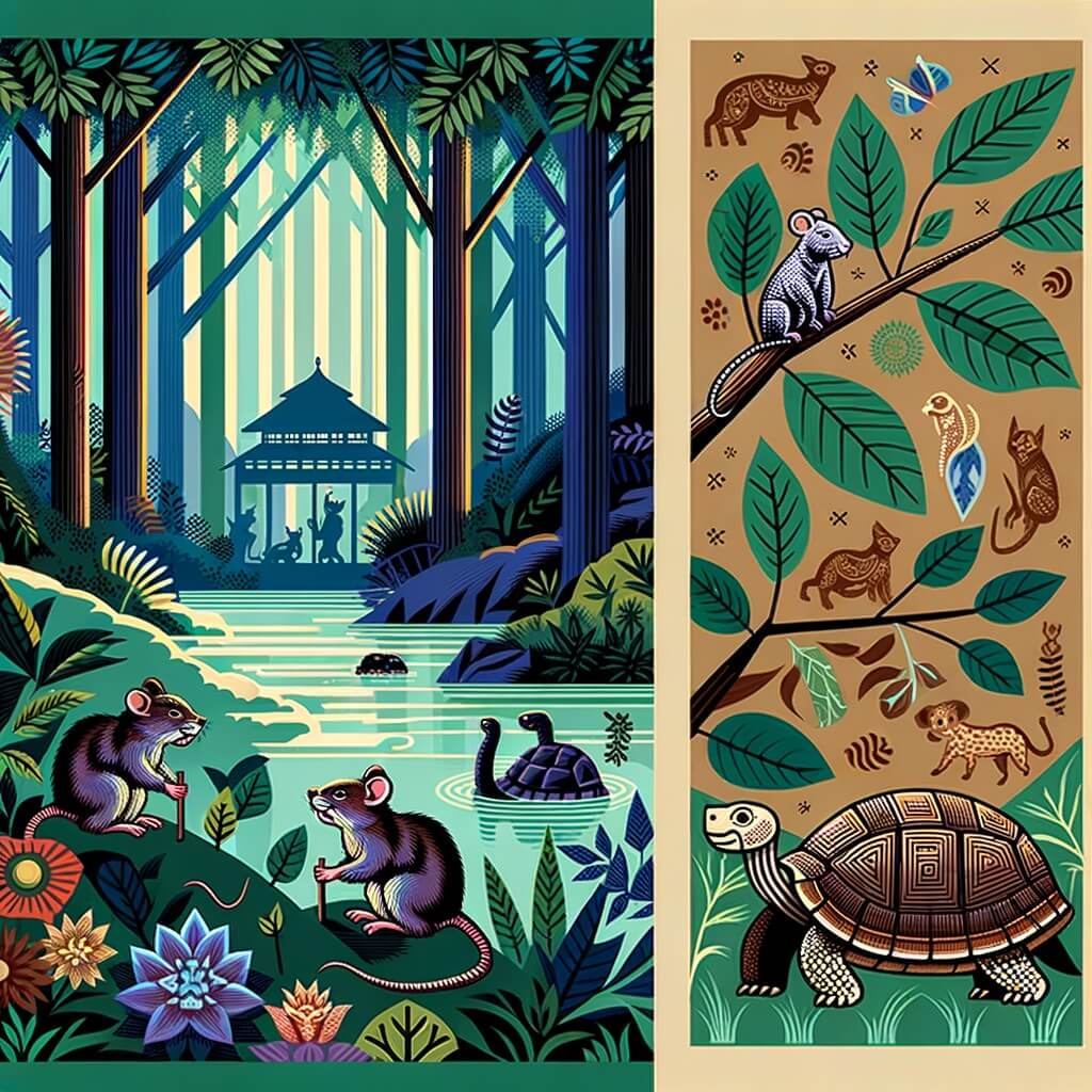 Une illustration destinée aux enfants représentant un petit rat malin, vivant dans une forêt dense, faisant la rencontre d'une tortue sage et utilisant sa ruse pour aider les autres animaux de la forêt.
