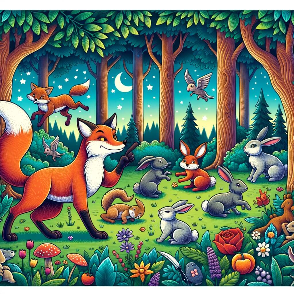 Une illustration destinée aux enfants représentant un renard rusé, jouant des tours aux autres animaux de la forêt, accompagné d'une famille de lapins, dans une forêt enchantée aux arbres majestueux et aux fleurs colorées.