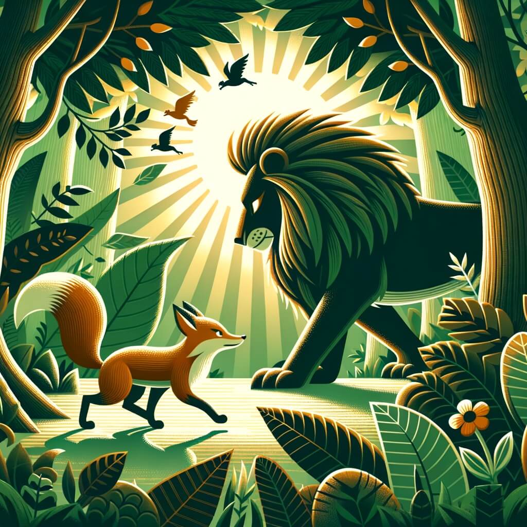 Une illustration destinée aux enfants représentant un renard rusé et espiègle, se retrouvant confronté à un puissant lion, dans une forêt dense et mystérieuse où les rayons du soleil filtrent à travers les feuilles verdoyantes.