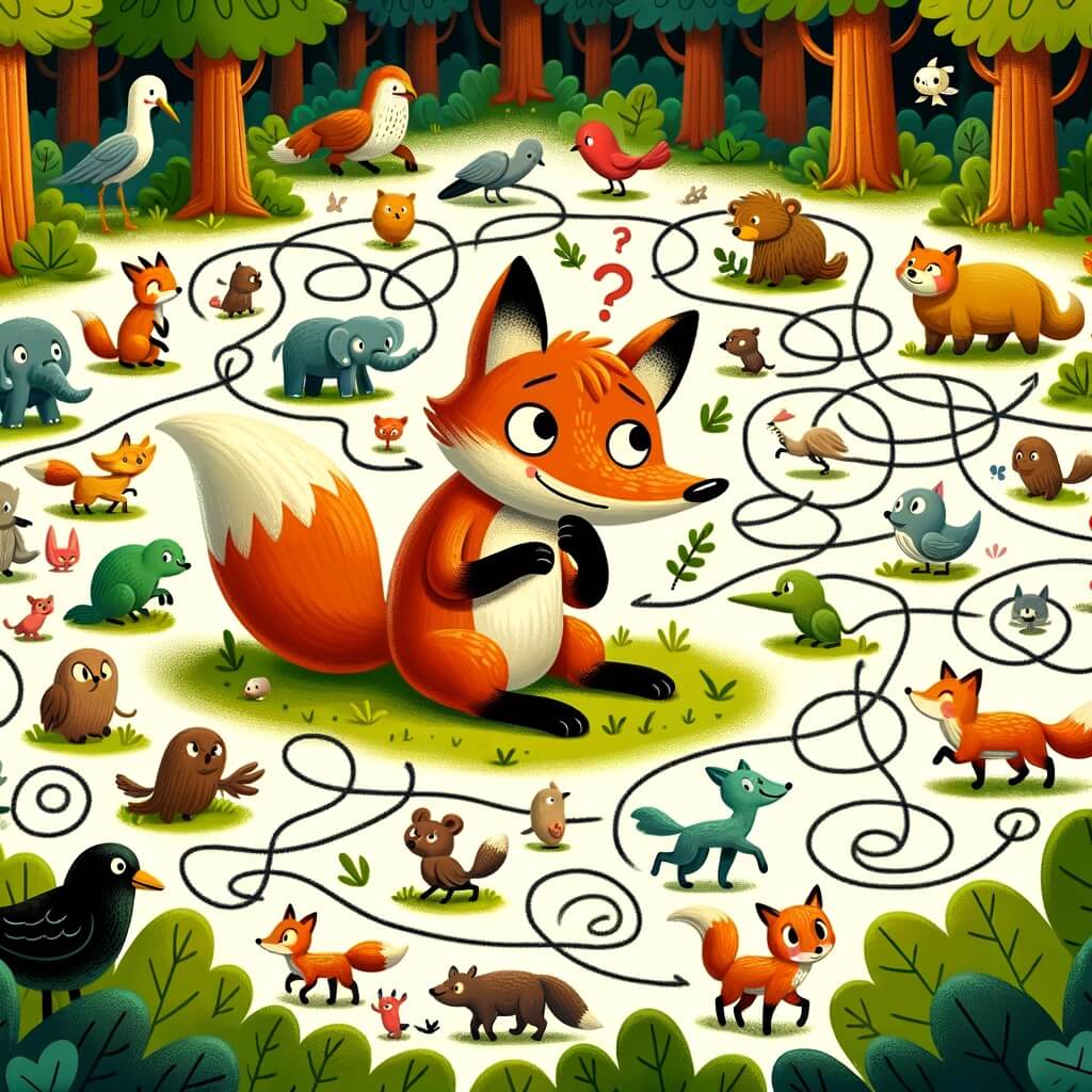 Une illustration destinée aux enfants représentant un renard rusé et malin qui se retrouve dans une forêt dense, entouré d'animaux de toutes sortes, cherchant à mettre en place des plans astucieux pour atteindre ses objectifs.