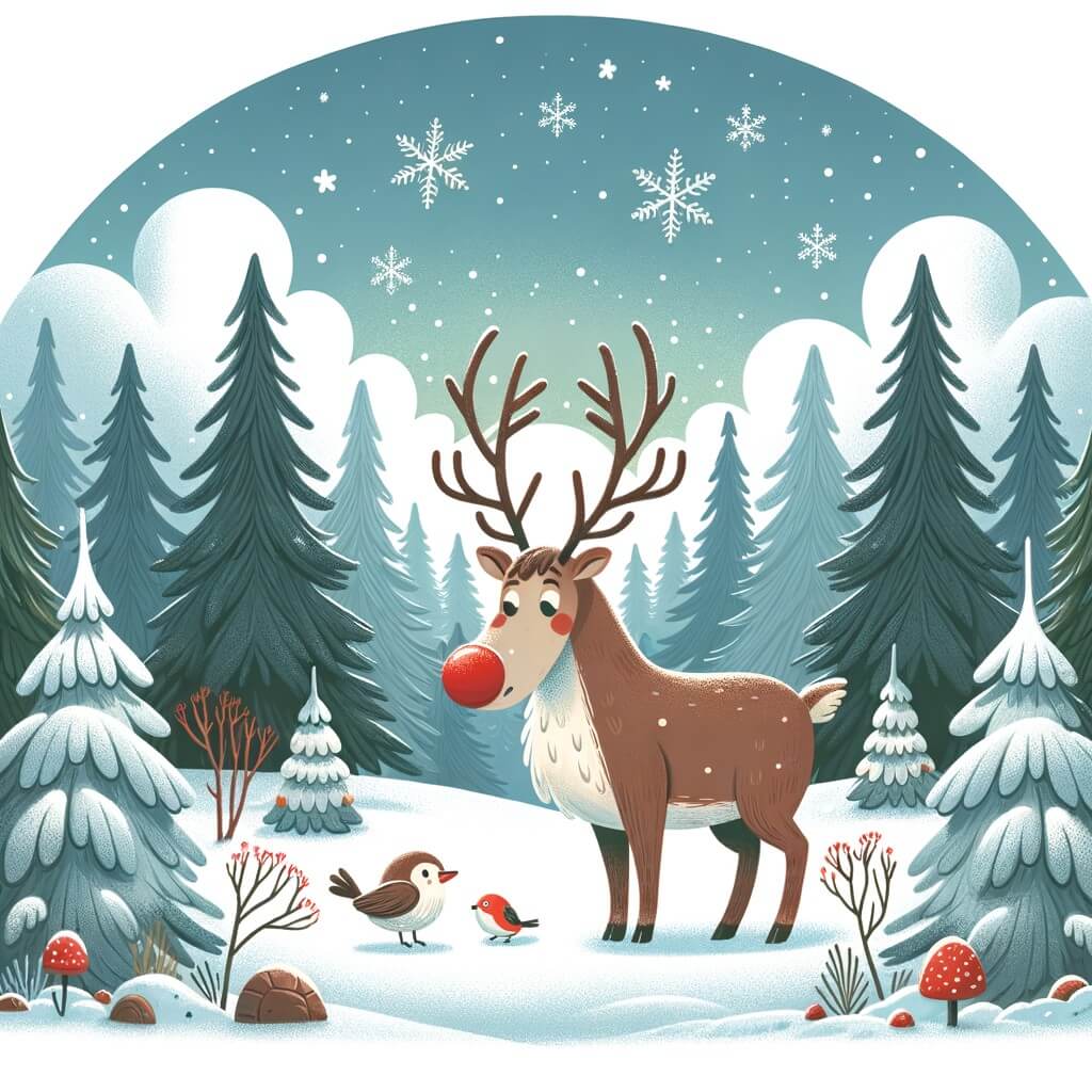 Une illustration destinée aux enfants représentant un renne solitaire au nez rouge, dans une forêt enneigée, faisant la rencontre d'un petit oiseau blessé, dans un décor de sapins majestueux et de flocons dansant dans le ciel.
