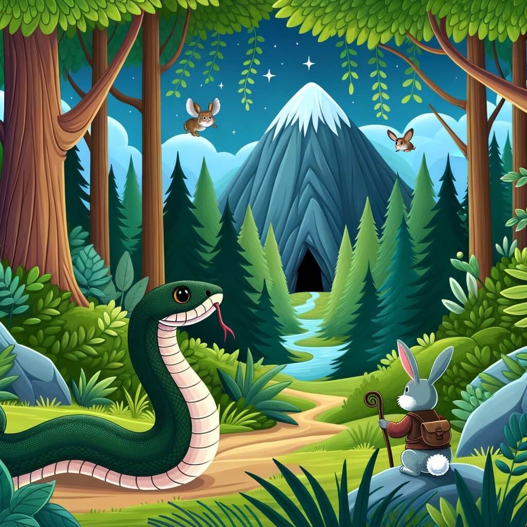 Une illustration destinée aux enfants représentant un serpent intrépide qui explore une forêt dense et mystérieuse, accompagné d'un sage lapin, à la recherche d'une grotte magique nichée au sommet d'une montagne verdoyante.