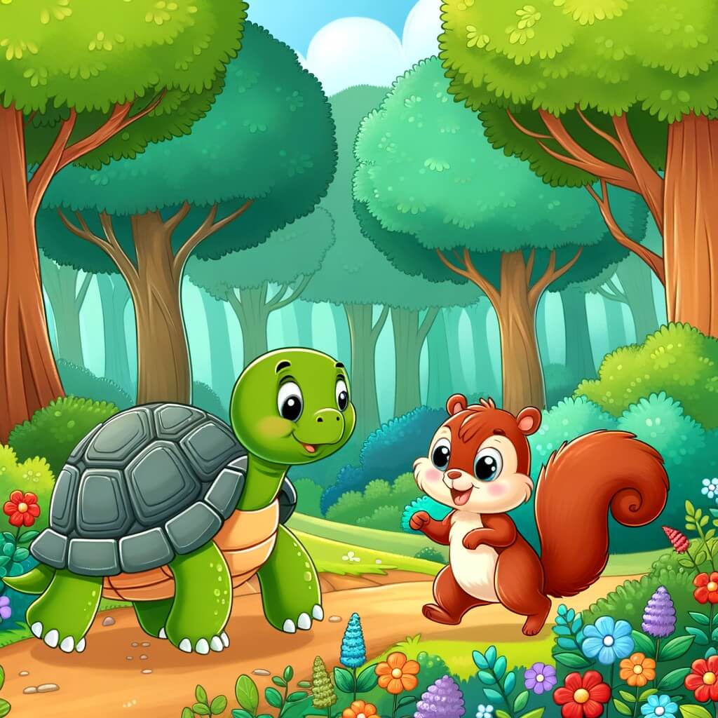 Une illustration destinée aux enfants représentant une tortue intrépide qui explore une forêt luxuriante aux côtés d'un joyeux écureuil, dans un paysage enchanteur où les arbres sont touffus et les fleurs multicolores égayent le chemin.
