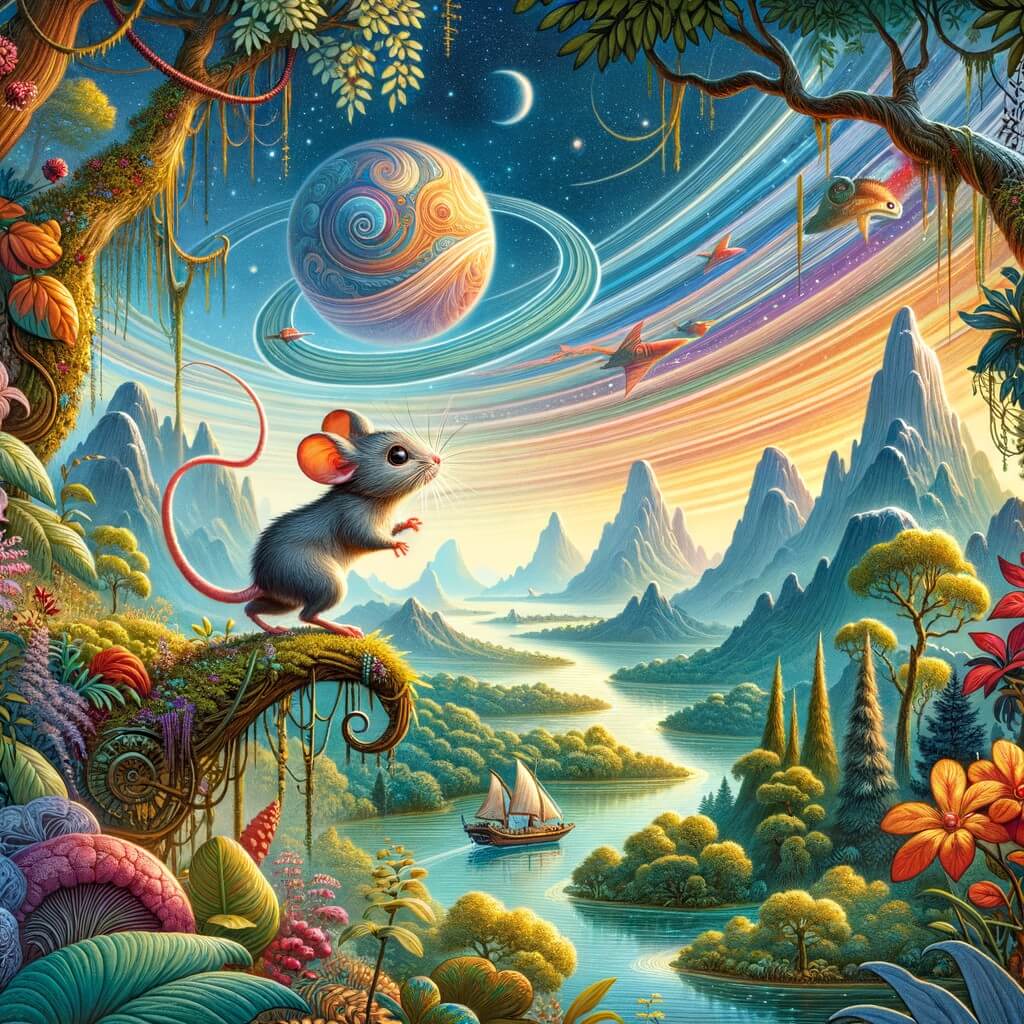Une illustration pour enfants représentant une souris audacieuse se retrouvant dans une aventure extraordinaire à travers des paysages enchanteurs.