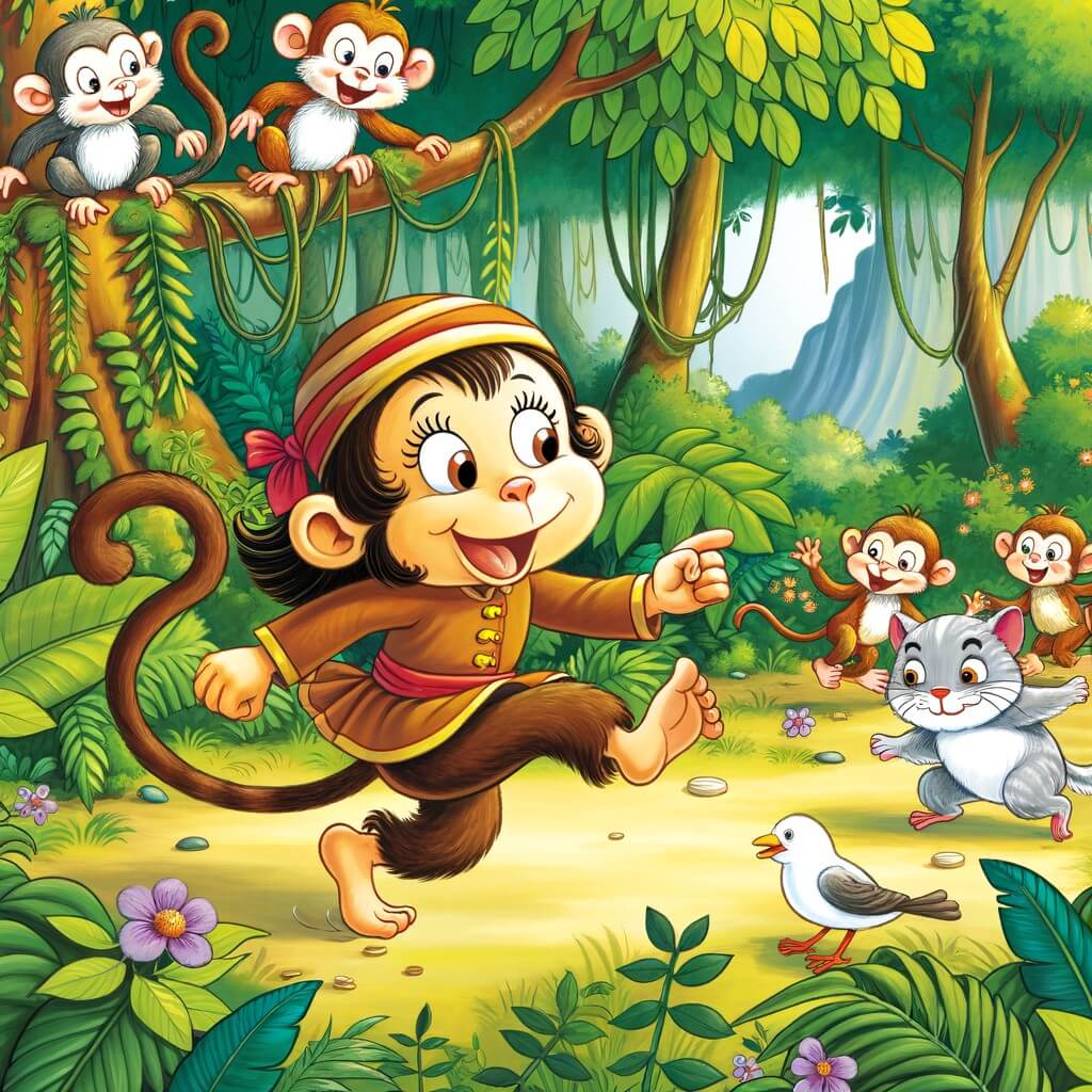 Une illustration pour enfants représentant une guenon espiègle, vivant dans la jungle dense, et jouant des tours amusants à ses amis animaux.