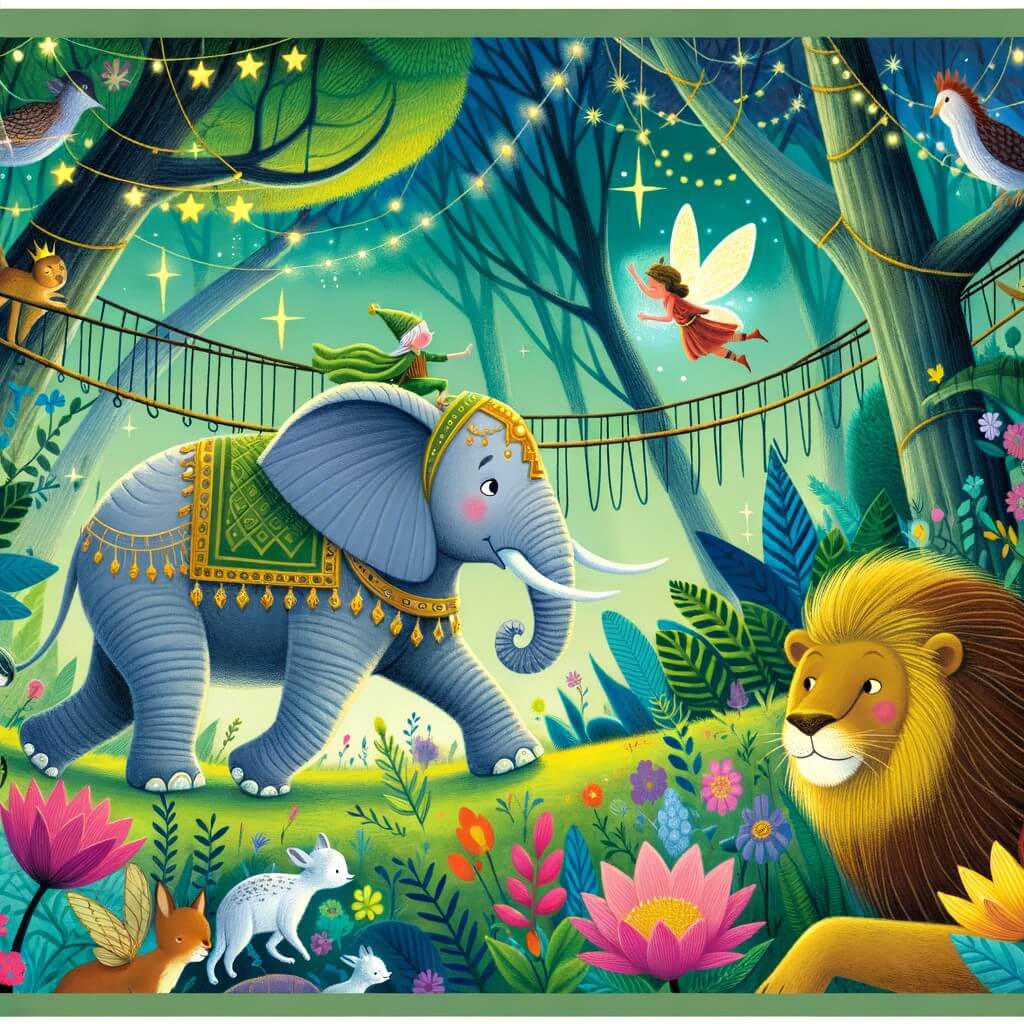 Une illustration pour enfants représentant un éléphant aventurier, qui traverse une dense forêt enchantée peuplée de fées et de dragons.