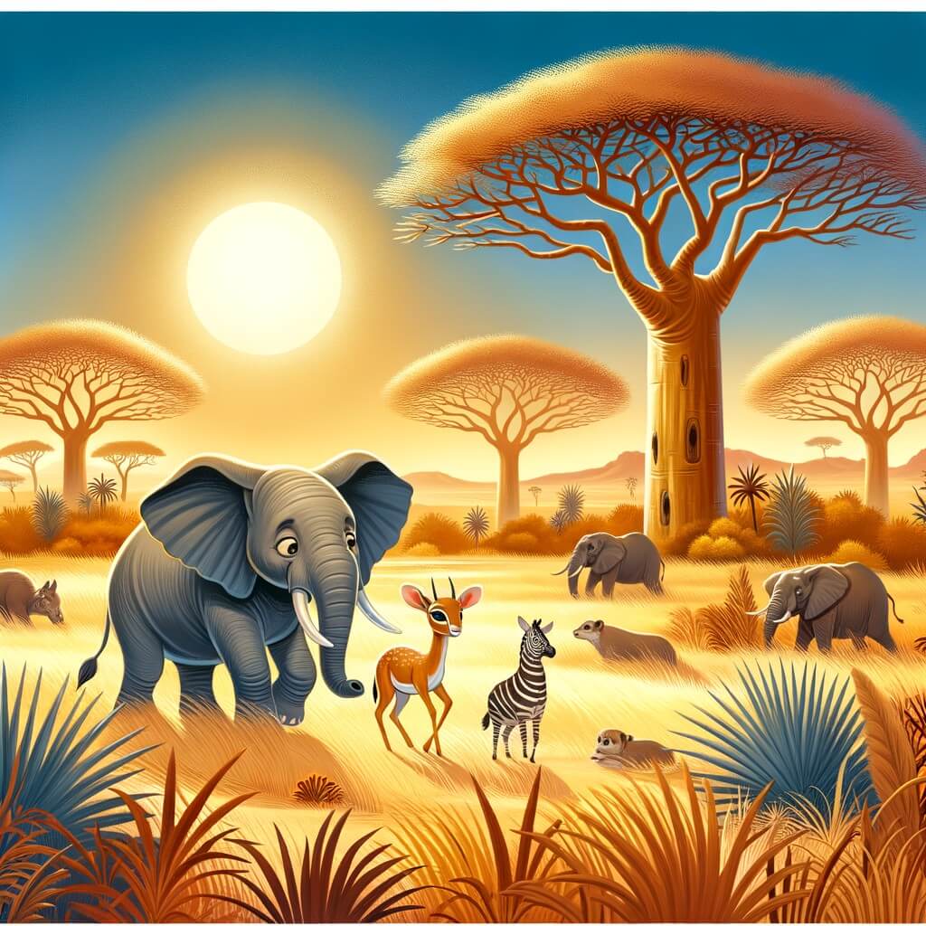 Une illustration pour enfants représentant un éléphant aventurier se trouvant dans une savane mystérieuse où il rencontre de nombreux animaux en détresse.