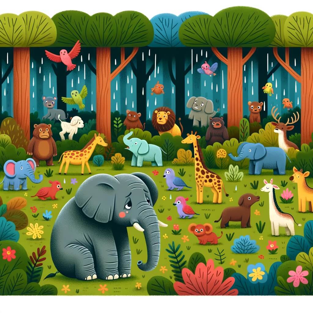 Une illustration destinée aux enfants représentant un majestueux éléphant solitaire, cherchant désespérément de la compagnie dans une dense et luxuriante forêt peuplée d'animaux joyeux et colorés.
