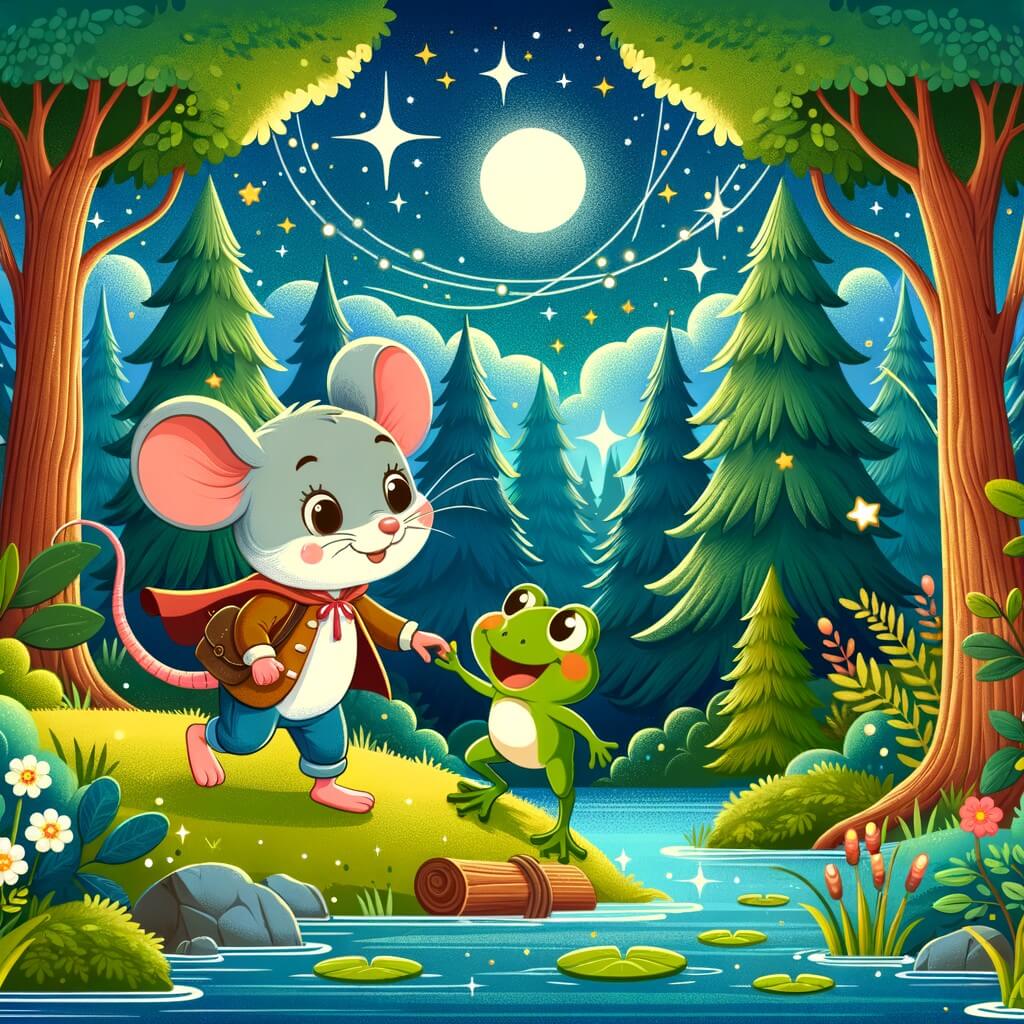 Une illustration pour enfants représentant une petite souris aventurière se trouvant dans une forêt enchantée.