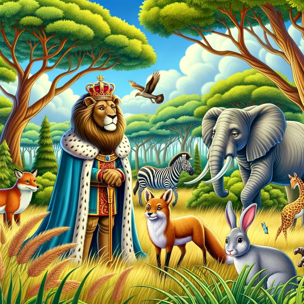 Une illustration destinée aux enfants représentant un majestueux roi de la savane, solitaire, cherchant l'amitié des animaux de la forêt, tels qu'un renard rusé, une gazelle gracieuse, un lapin bondissant, un zèbre élégant et un éléphant sage, dans une luxuriante forêt de la savane africaine, avec des arbres verts et touffus, des herbes hautes et colorées, et un ciel bleu éclatant.