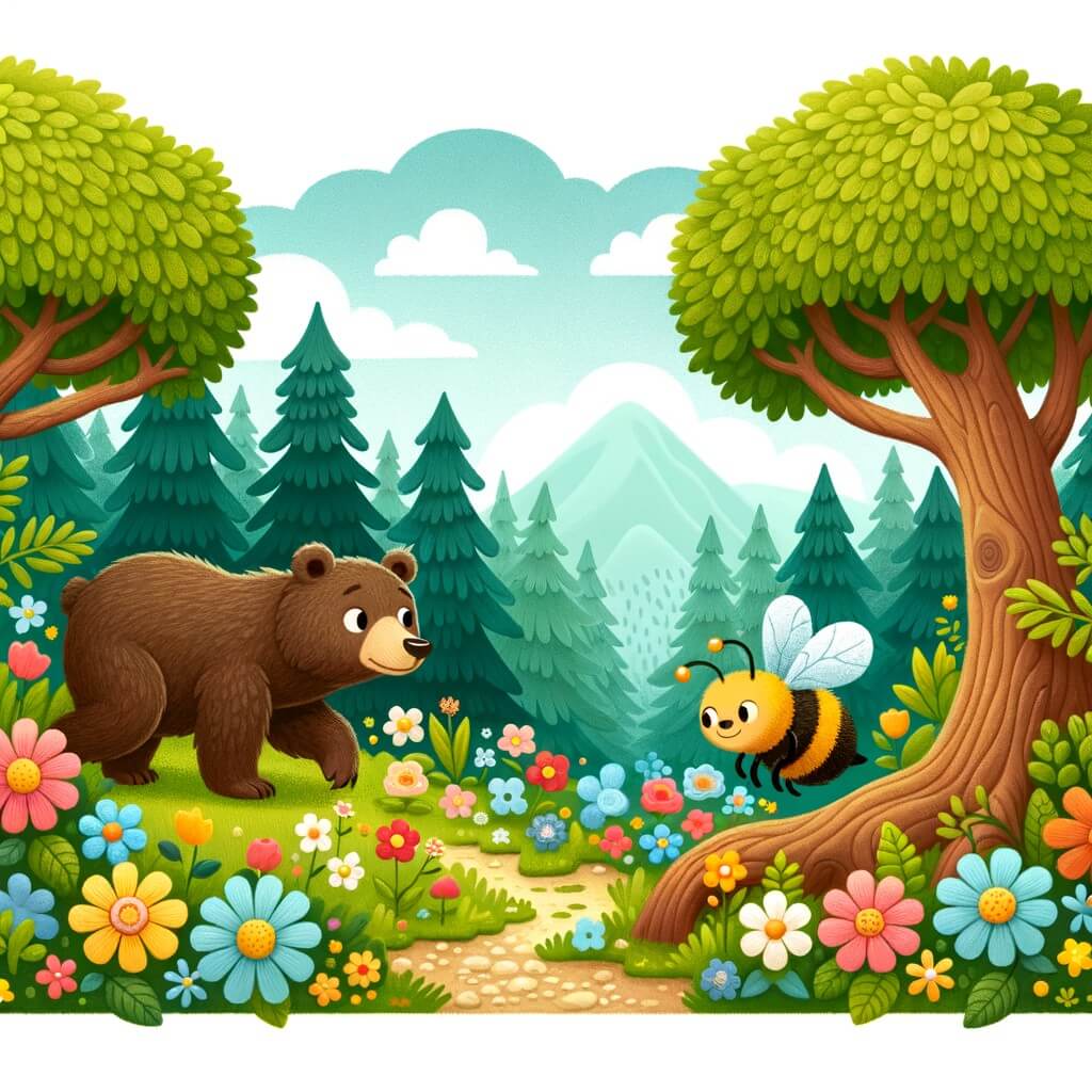 Une illustration destinée aux enfants représentant une ourse curieuse explorant une forêt enchantée, accompagnée d'une abeille travailleuse, dans un paysage luxuriant rempli de fleurs colorées et d'arbres majestueux.
