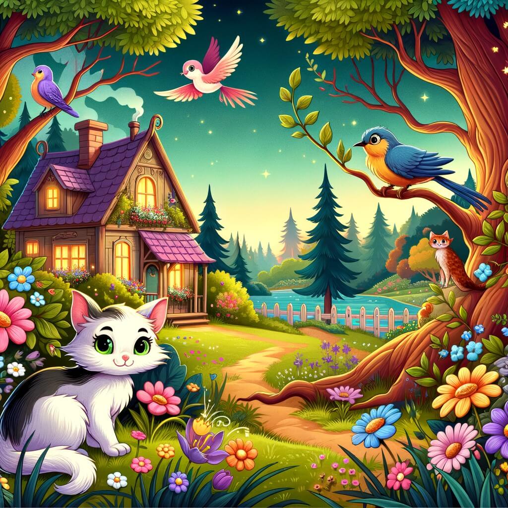 Une illustration destinée aux enfants représentant un chat malicieux, se retrouvant dans une forêt enchantée, accompagné d'un oiseau perdu, dans une petite maison de campagne entourée de fleurs colorées et d'arbres majestueux.