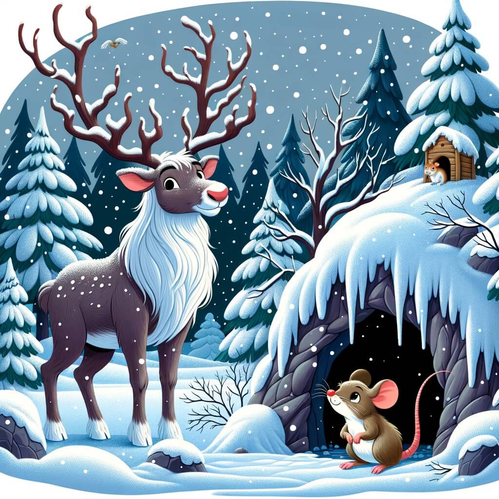 Une illustration destinée aux enfants représentant un renne majestueux dans une forêt hivernale enchantée, accompagné d'une souris espiègle, se retrouvant isolés dans une grotte recouverte de neige épaisse.