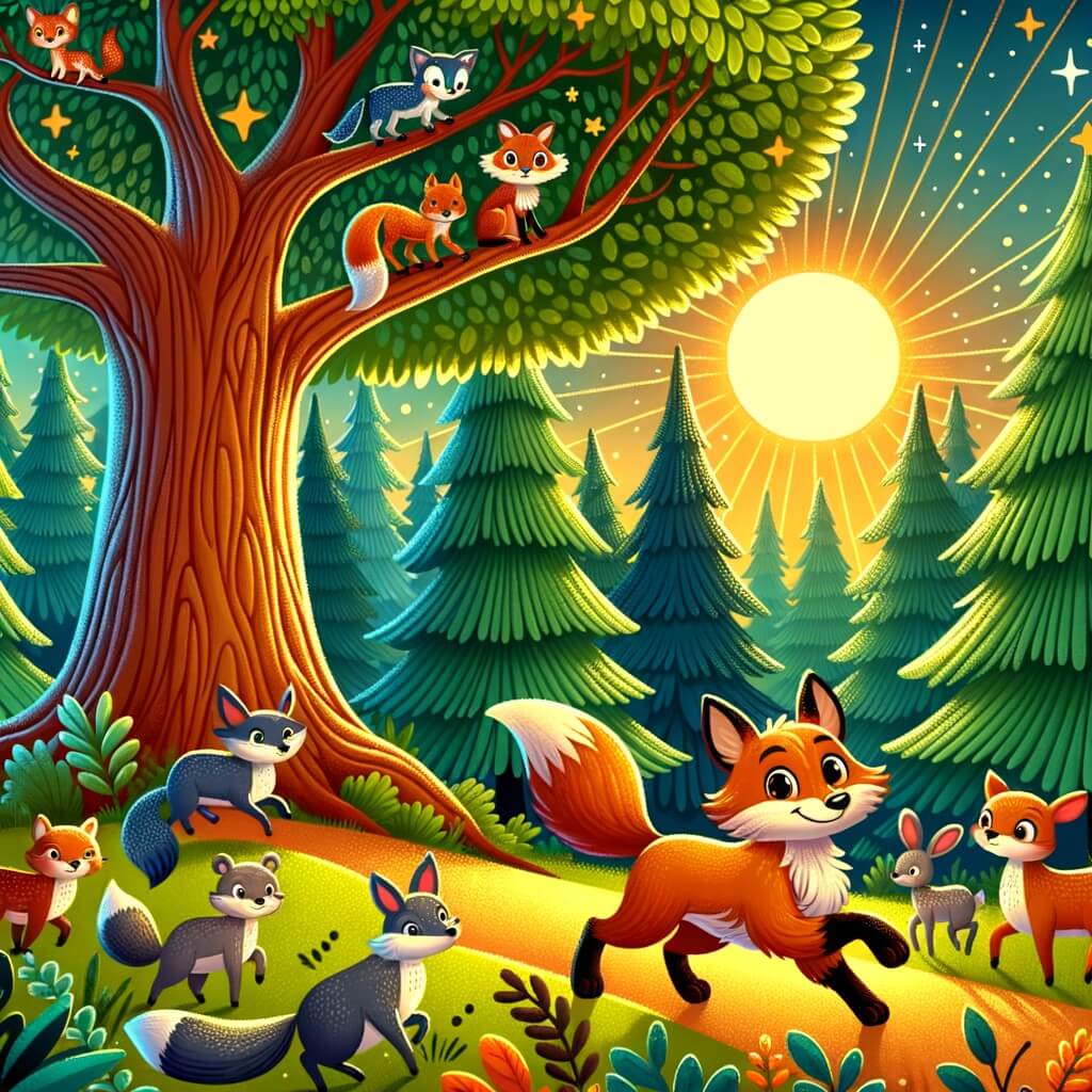 Une illustration destinée aux enfants représentant un astucieux renard qui se retrouve au cœur d'une aventure passionnante aux côtés d'autres animaux dans une forêt luxuriante, où les arbres majestueux se dressent fièrement, leurs feuilles chatoyantes formant un tapis multicolore sous les rayons dorés du soleil.